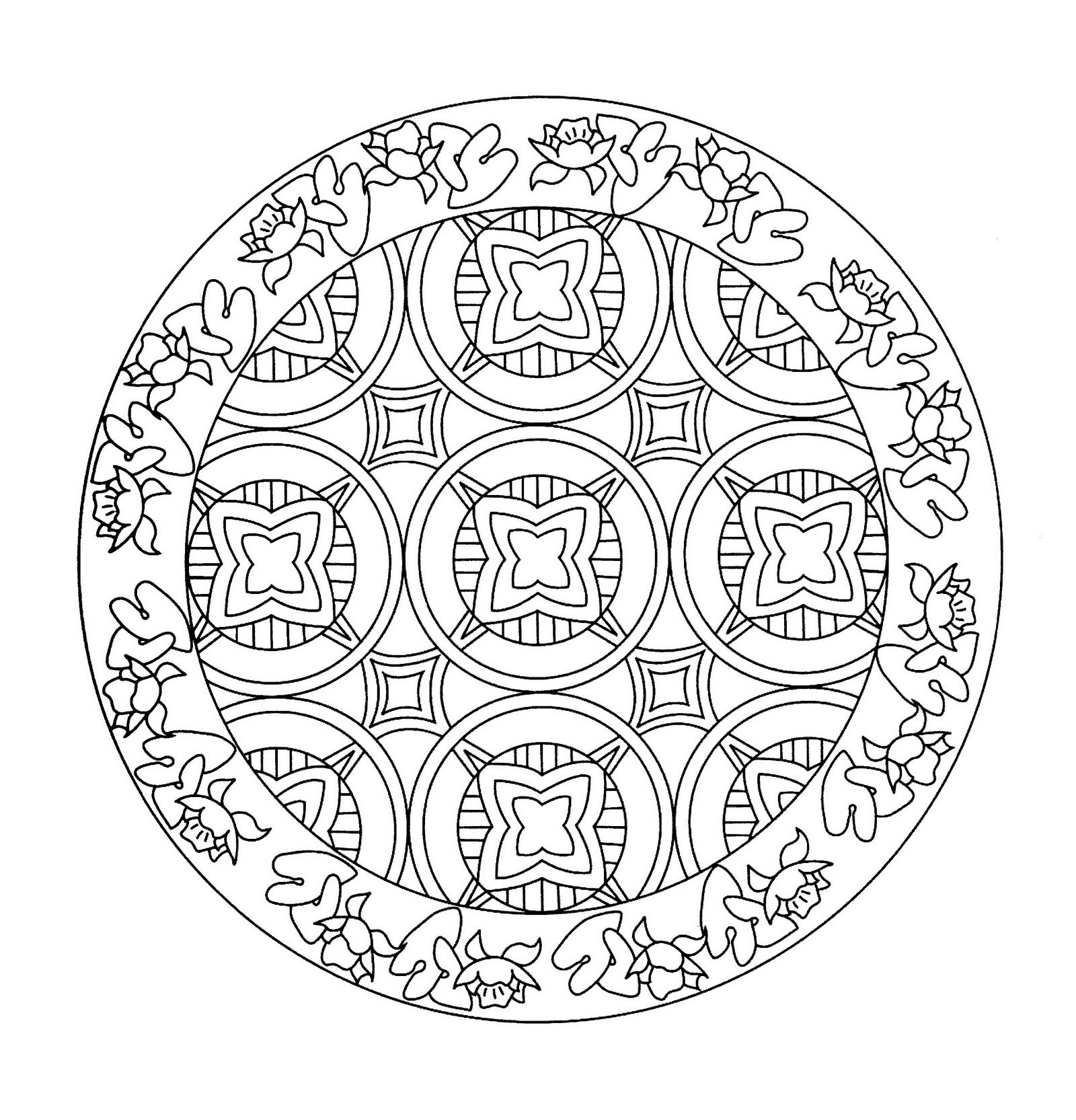 Magnifique mandala à colorier symétrique avec une succession de fleur tout autour de celui-ci. Simple à colorier.